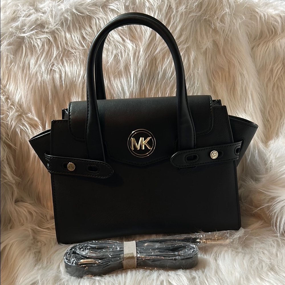 Michael Kors Black Leather MK Logo Satchel with Gold Hardware